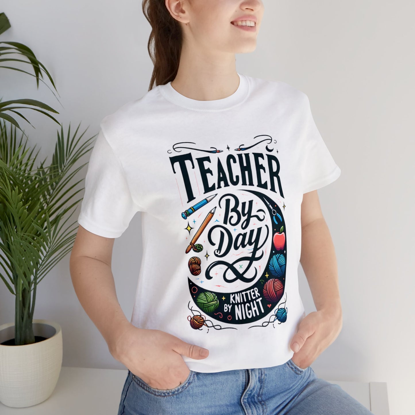 Teacher by Day Knitter by Night Unisex Jersey Short Sleeve Tee